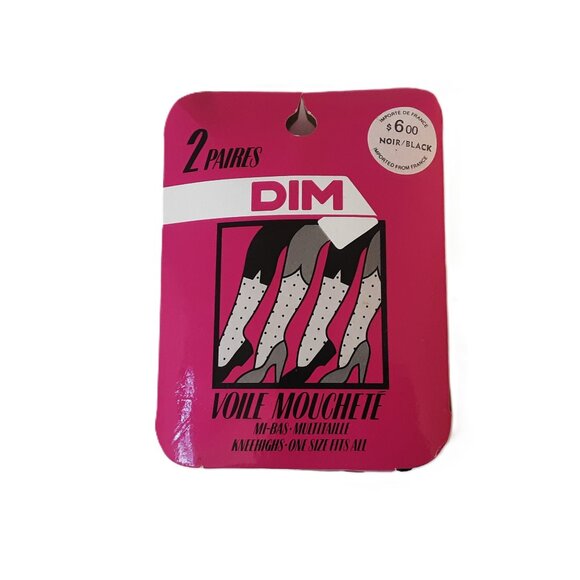 Vintage DIM Voile Mouchete Polka Dot 2 Black Knee Highs with Pouch France - Picture 1 of 2